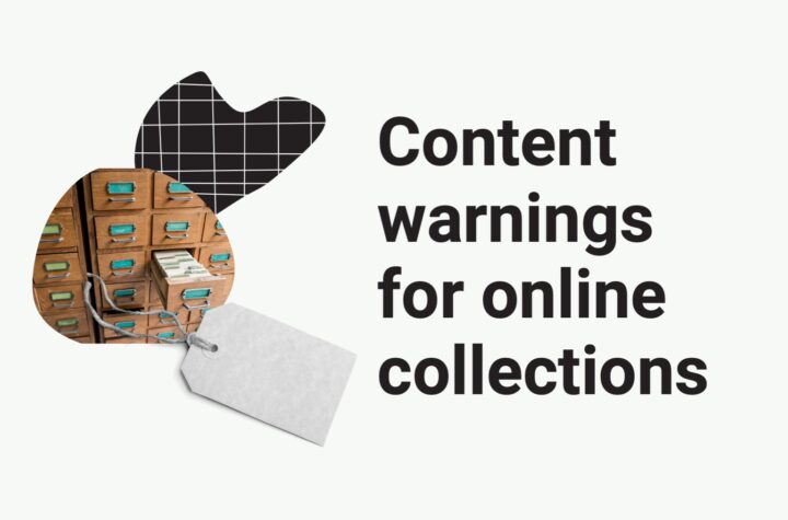 powerpoint title slide with the words 'Content warnings for online collections' with a graphic of some index drawers and a label